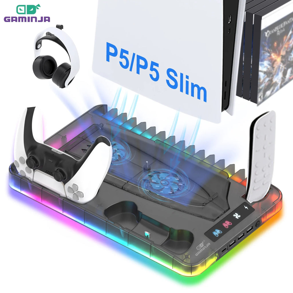 🌈 GAMINJA Cooling Stand for PS5 Slim with 7-Color LED Lighting