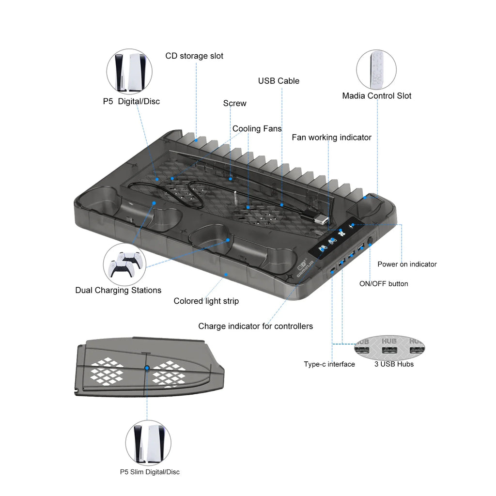 🌈 GAMINJA Cooling Stand for PS5 Slim with 7-Color LED Lighting